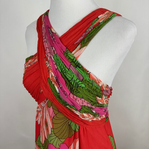 Tibi Orange Pink Chiffon Dress 6 Sleeveless Silk Floral Hibiscus Tropical Tiki - Picture 9 of 9